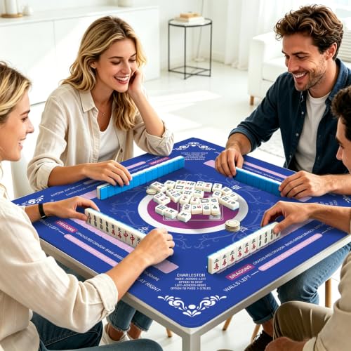 Mahjong Mat 31.5x31.5 Inch,Non-Slip and Silent Travel Mahjong Set for Mahjong, Equipped with a Portable Carrying Bag, Rubber Mahjong Mat for Poker, Cards and Board Games (Blue) - color: Blue
