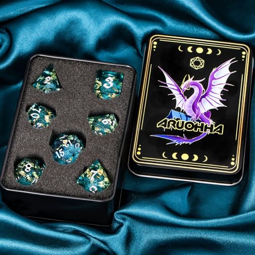 ARUOHHA Liquid Core DND Dice Set, 7pcs Resin Sharp Edged Dragons Dice RPG Role Playing Games, Silver Numbers Blue Dungeons Polyhedral Dice with Gift Box D20 D12 D10 D8 D6 D4 - color: Silver Blue