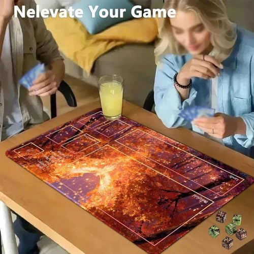 MTG Playmat 24x14 Inch | Optional Game Zone Layout | Non-Slip Rubber Base | Stitched Edges | Includes Free Storage Bag | for TCG, Board Games, and Desk Use(Amberfall,with Zone) - color: Amberfall, style: With zone