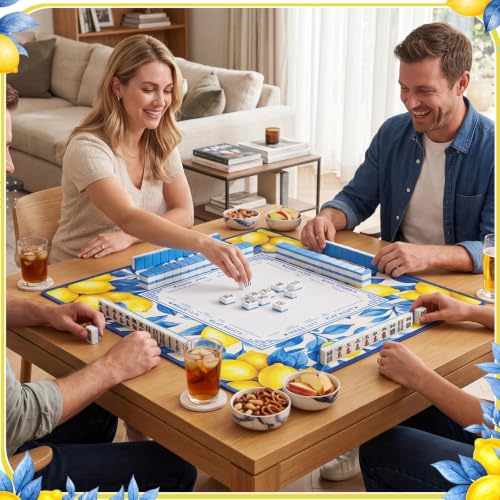 Blue and Yellow Summer Mahjong Mat with Rules 31.5" x 31.5" Non-Slip Noise Reduction Gaming Mat with Carrying Bag American Mahjong Table Cover for Poker Board Card Games Dominoes - style: Blue Willow Lemon