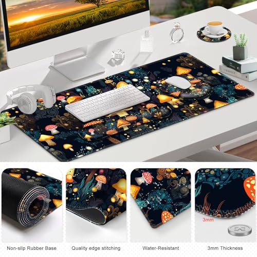 Gaming Mouse Pad, Large Desk Mat Cute Desk Pad Protector, 4in1 XXL Mousepad | + Keyboard Wrist Rest+Mouse Wrist Rest+Coaster Set with Ergonomic Desk Pad for Home Office Table Computer, Lovely Mushroom - color: Lovely Mushroom