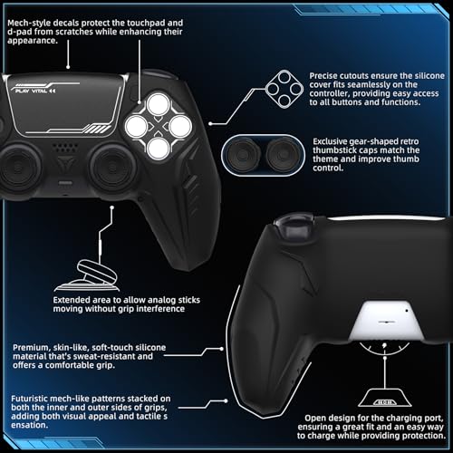 PlayVital 2 Pack Silicone Skin Set for PS5 Controller - Charging Dock Compatible, Full Protection Case with Futuristic CyberMech Design, Soft Cover with Thumb Grips & Stickers - Black - color: 2 Black
