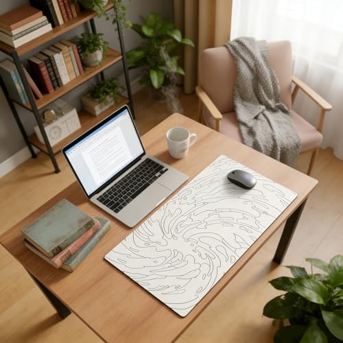 Gaming Mouse Pad L (31.5x11.8in) - Abstract White Line Art Waves, Japanese Doodle Style - Desk Mat, Water Resistant Surface - color: White Ink Waves, size: 11.8x31.5''
