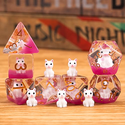 DND Resin Cat Dice Set, D&D Polyhedral Dice for Dungeons and Dragons RPG, MTG Role Playing Games D and D Dice 7pcs-Set D20 D12 D10 D8 D6 D4 - color: Cat