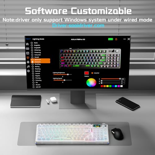 Aula F98Pro V3 Wireless Mechanical Keyboard with Screen & Knob,Tri-Mode Hot Swappable Computer Keyboards,10000mAh Battery,Clear Keycaps RGB Backlit Gasket Mount White Gaming Keyboard for PC/Office - color: White
