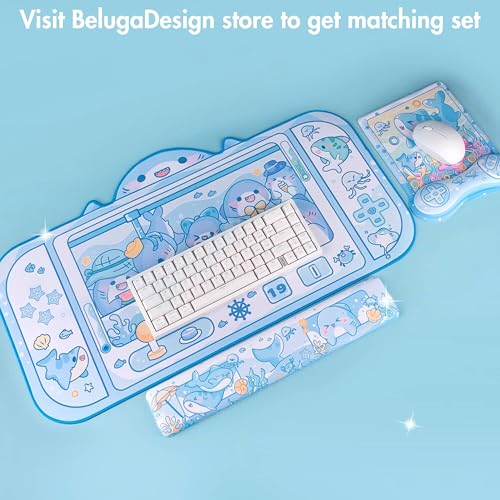 BelugaDesign Shark Mousepad | Cute Kawaii Anime Pastel Blue Mouse Pad | Ocean Underwater Nonslip Mat for Gaming Computer Laptop Keyboard Desk Accessory | Padded Squishy Wrist Rest for Easy Typing