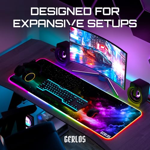 Gerlos RGB Gaming Mouse Pad, Large LED Desk Mat, 31.5 x 11.8 Inch | 12 light modes, non-slip base, water-resistant surface, stitched edges - color: Green