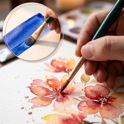 6-Piece Travel Watercolor Brush Set, Mini Kolinsky Sable Paint Brushes with Short Handles — Flat Round Detail Liner for Watercolor, Gouache, Oil, Acrylic Painting