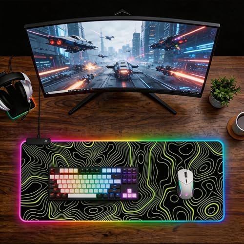 RGB Mouse Pad LED Desk Mat Large Gaming Mousepad Black and Green Line Design, Keyboard Pad XL Mouse Mat for Home and Office - color: Black With Green Topographic Line