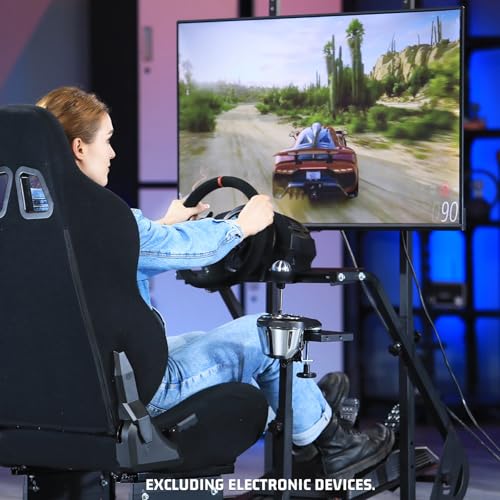 Marada Racing Cockpit with Black Seat TV Stand Fit for Logitech G923 G920 | Racing Wheel Stand Height Adjustable, with for Thrustmaster T500 T3PA TGT, for Fantec, Wheel and Pedals Not Included
