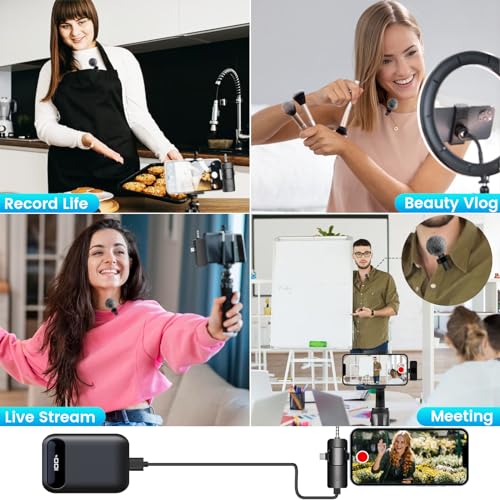 4 in 1 Wireless Lavalier Microphone for iPhone/USB C Android/Camera/Laptop PC,Mini Microphone 2.4G Ultra-Low Delay with Noise Reduction Cordless Lapel Mics for Video Recording, Vlog, YouTube, TikTok