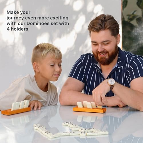 Queensell Dominos Set for Adults with 4 Domino Racks - Double 6 Dominoes Set with Domino Holder, Classic Board Games for Kids and Adults - Double Six Standard Dominos Set 28 Tiles with Travel Case - style: D6 + 4 Holders