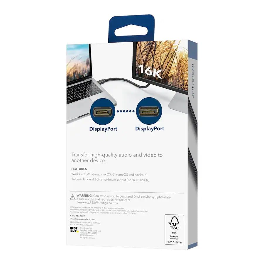 INSIGNIA Universal Video & Audio Cables and Adapters – HDMI, DisplayPort, USB-C, Mini HDMI, Mini DisplayPort & RCA Converter, 4K/8K High-Speed for TV (16K Displayport Cable, 6 ft) - size: 6 ft, style: 16K Displayport Cable