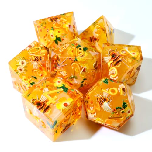 XENOLUX Polyhedral Resin DND Dice Set for Dungeons and Dragons, Handmade Sharp Edge RPG Dice for Board Games, Amber Bee and Floral Design with Tin Box (L22) - color: L22