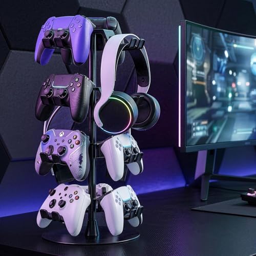 Controller Holder Stand 3 Tiers for Desk, Aluminum Alloy Rotatable Gaming Headset Stand for PS5/PS4/Xbox/Switch2/PS Controller/Headphone Holder for 9 Packs Controller - size: 3 Tiers