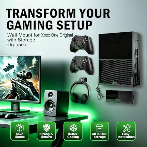 BracNova Wall Mount for Xbox One,Steel Wall Mount Kit for Xbox One Original and Power Brick Mount-Xbox One Stand with 3 Detachable Controller Holder and Headphone Hook