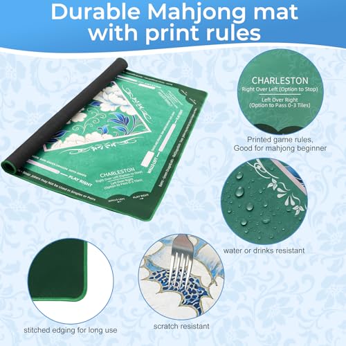 Teal American Mahjong Mat with Rules | Non Slip Noise Reduction Mah Jong Mat Mahjong Table Mat with Carry Bag for Playing Tiles Poker Board Games(Avocado Green) - color: Avocado Green