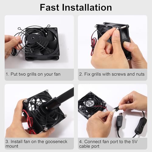 3.15" 80mm Grill Guard with Gooseneck Mount and 3pin/4pin Adapter Cable | Compatible with 3.15" 80mm Case Fan, for PC Desktop AV Entertainments Network Rack Grow Tent and More DIY Cooling Project - size: 80×80mm
