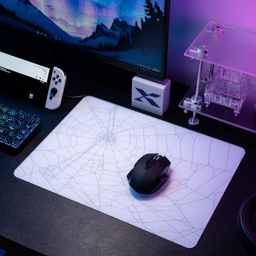 XVX Glass Mousepad for Gaming, White Spider Webs Hard Gaming Mouse Pad, Professional Large Mouse Mat 16.2" x 12.2", Special Glass Surface with Improved Precision and Speed - color: White(Spider Webs)