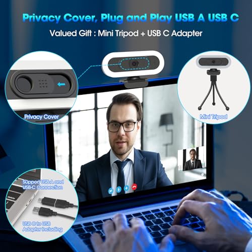 ToLuLu 2K Streaming Webcam Web Cam, LED RGB Webcam with Microphone & Light | Autofocus Computer Camera with Cover and Tripod, Plug-Play USB Web cam for PC Desktop/MacBook Gaming Video Calling - style: 2K Autofocus RGB Ring Light webcam