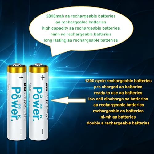 DMK POWER AA Rechargeable Batteries 2800mAh 4 Pack, 1.2V NiMH Double A Batteries, Pre-Charged Low Self Discharge, 1200 Cycle Rechargeable Battery Pack for Toys, Remotes, Flashlights, Game Controllers