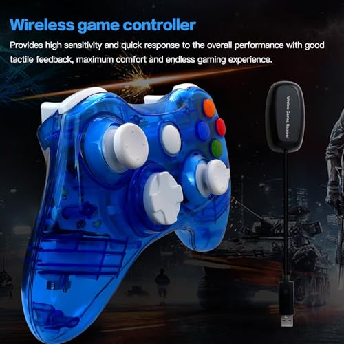 USonline911 Wireless 2.4GHz Gamepad for Xbox 360 Controller with USB Receiver, for Microsoft Xbox 360 & for PC Windows 11/10, Dual Vibration & 7-Color Custom LED Lights (Blue)