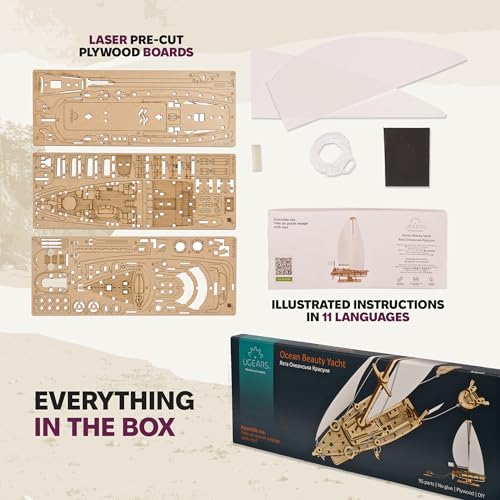 UGEARS Ocean Beauty Yacht 3D Wooden Puzzles for Adults - Mechanical Wooden Model Kits for Adults to Build - DIY Puzzle Boat with Paper Sails - Brain Teaser Building Set 3D Puzzle