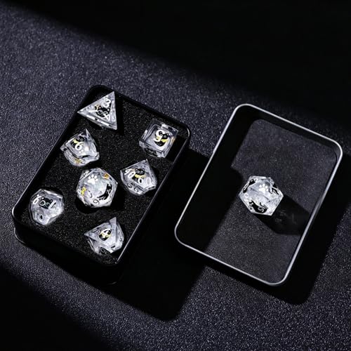 WizardsAracanum Cat Liquid Quicksand DND Dice Set Resin 7Pcs Dice DND with an Iron Box for DND COC Role Playing dice Games and Board Games Gift (Glitter Rainbow Cat) - color: Rainbow Giltter Cut Cat