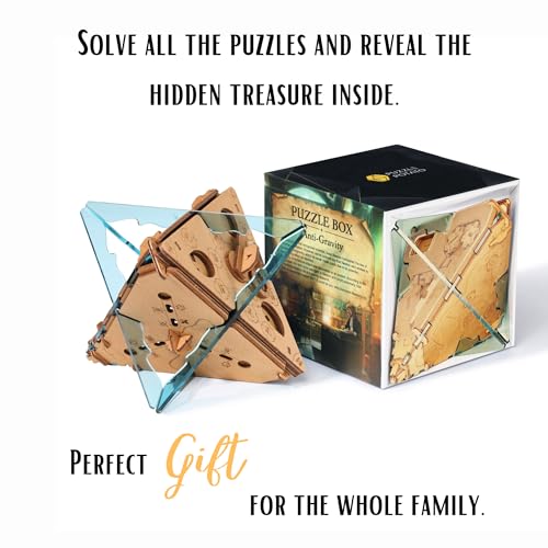 PUZZLE POTATO Anti-Gravity Puzzle Box - 3D Brain Teaser Puzzle for Adults - Wooden Treasure Chest - Money Puzzle Box for Cash Gift - Escape Room Game - color: Anti-gravity (Crystal Blue)
