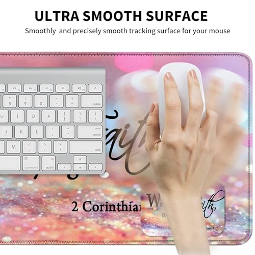 Mouse Pad Desk Mat Ergonomic Wrist Support Pad Set,Mouse Wrist Rest Keyboard Pad with Stitched Edges and Non Slip Base-We Walk by Faith Pink Purple Glitter - color: We Walk By Faith