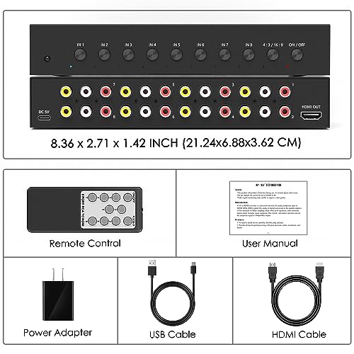 8 Port RCA to HDMI AV to HDMI Converter 1080P/720P 8 Way RCA Composite CVBS AV Switch to HDMI Converter Adapter Support 4:3/16:9 Switch For Sega Xbox PS1 PS2 PS3 N64 NGC SNES WII VHS VCR Camera - color: 8AV to HDMI Converter