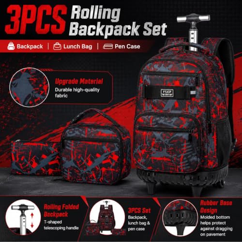 3Pcs Rolling Backpack for Boys Men, Travel Wheeled Backpacks for Adults, Teens College Roller Bookbag with Wheels for Men(Red) - color: Airbrush Red