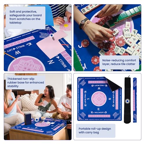 Blue Mahjong Mat for Table with 4 Racks - Anti Slip Mats for Card Poker Playing Board Game Tabletop Gaming - Noise Reduction Foldable Mah jongg Table Cover - Rectangle Mahjong Pad (32" x 32")