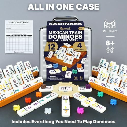 Queensell Mexican Train Dominoes Set with Numbers and 4 Holders - Wooden Hub and Domino Holders - Double 12 with Numbers (D12 Numbers + 4 Holders) - style: D12 Numbers + 4 Holders