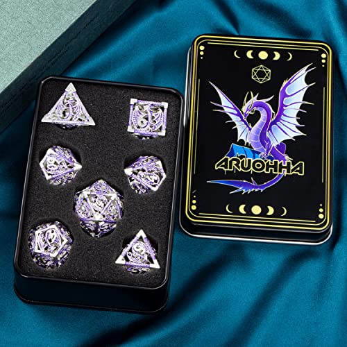 ARUOHHA Hollow DND Metal Dice Set Purple Dragons D and D Dice, RPG Role Playing Games Dungeons Polyhedral Dice with Gift Box D20 D12 D10 D8 D6 D4 - color: Silver Purple