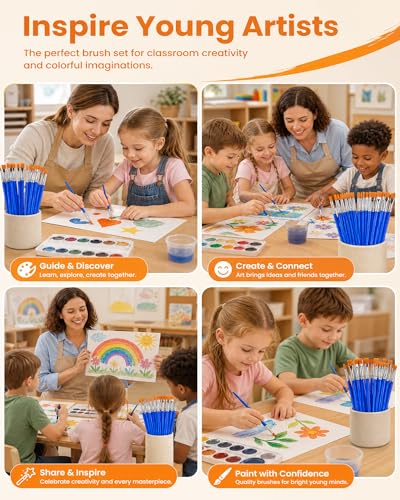 Small Paint Brushes Bulk, 160 Pcs Flat Tip Round Acrylic Paint Brushes for Kids Classroom Acrylic Watercolor Canvas Face Painting Touch Up