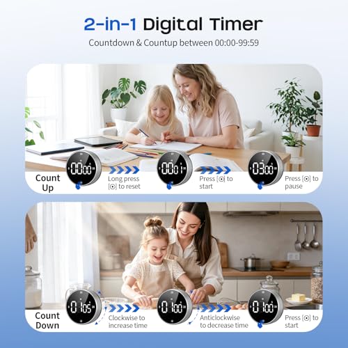 Digital Kitchen Timer with Magnetic - Visual Timer with Large LED Display, Pomodoro Classroom Timers with 3-Preset Times, Volume Adjustable, Countdown & Count Up Timers for Cooking