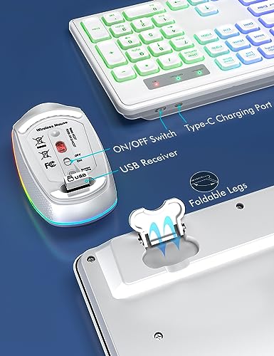 Wireless Keyboard and Mouse - RGB Backlit, Rechargeable & Light Up Letters, Full-Size, Ergonomic Tilt Angle, Sleep Mode, 2.4GHz Quiet Keyboard Mouse for Mac, Windows, Laptop, PC, Trueque(White) - color: White