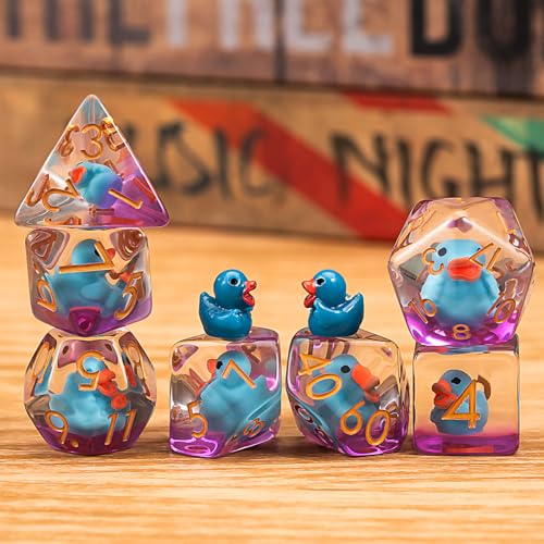 Resin DND Duck Dice Set, D&D Polyhedral Dice for Dungeons and Dragons RPG, MTG Role Playing Games D and D Dice 7pc D20 D12 D10 D8 D6 D4 - color: Blue Duck