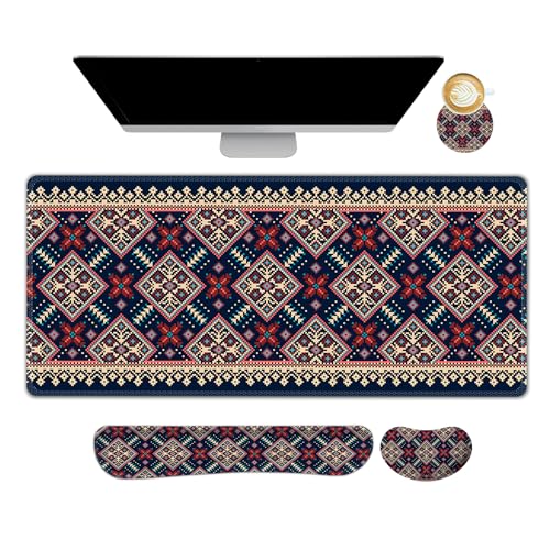 AIMSA Desk Mat Set Bohemian, Large Mouse Pad + Mouse Wrist Rest + Keyboard Wrist Support + Coaster, Navy Blue Gaming Mouse Pad Combo for Home Office - color: Bohemian Navy Blue