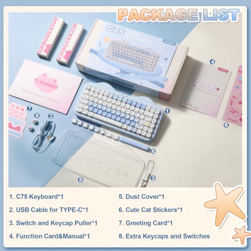 YUNZII C75 Wireless Mechanical Keyboard,75% Layout, Hot-Swappable NKRO,BT5.0/2.4G/USB-C Mode,Dye-Sub PBT MOA Keycaps,RGB Gasket Mount,Cute Cake Design for Mac/Win/Gaming (Blue, Candy Switch) - color: Blue, size: Candy Switch