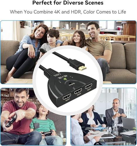 HDMI Switch, GANA 4K HDMI Splitter 3 in 1 Out, 3-Port Switcher Selector with Pigtail HDMI Cable,Supports Full HD 4K 30Hz 1080P 3D Player, Compatible with PS4/3, Xbox, Fire Stick, Roku, PC,TV