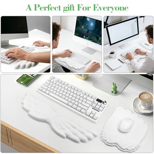 Angel Wing Wrist Rest Set, Ergonomic Keyboard Mouse Wrist Support Memory Foam Cushion Hand Support,Cute Wrist Rest Pu Leather Surface Non-Slip Base for Office, Gaming, Work(3Pcs, White)