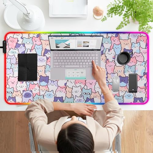 RGB Pink Cat Mouse Pad, Large LED Gaming Light Up Computer Mousepad, Long Glowing PC Laptop and Keyboard Office Desk Mat for Women - color: Rgb05