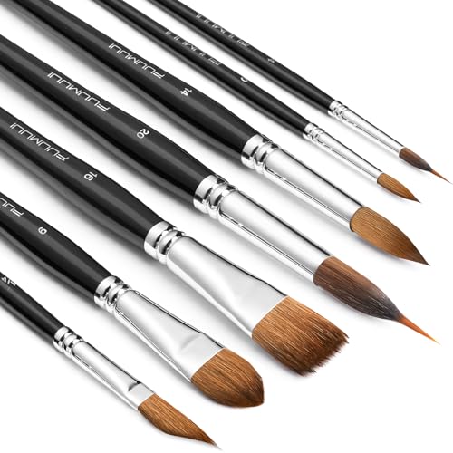 Watercolor Brush Set, Fuumuui 7pcs Professional Sable Paint Brushes with Extended Needle, Round Point, Flat, Dagger, Cat's Tongue for Watercolor, Acrylic, Gouache – Detail & Wash Painting - color: Black7