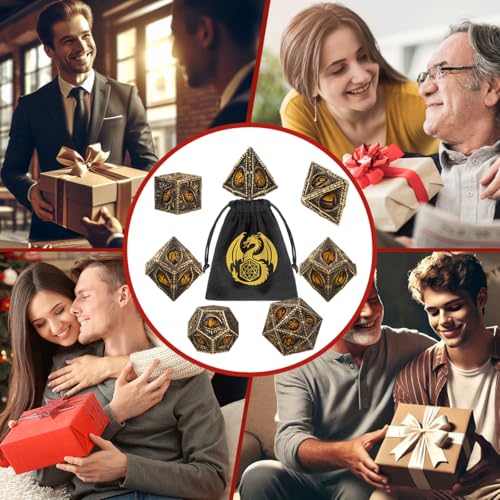 Metal Dice Set, Dragon Eye Theme, 7pcs Polyhedral Metal DND Dice Set, DND Starter Set, D&D Gifts with Gift Bag, Role Playing Board Games Accessories, Bronze Amber - color: Bronze Amber With Gift Bag