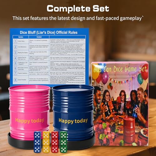 Lies Dice Game Set with 2 Gas Can Shaped Dice Cups, 12 Colorful Dice and Base, for 2-6 Players, Party and Family Fun (Pink+Blue) - color: Pink+blue