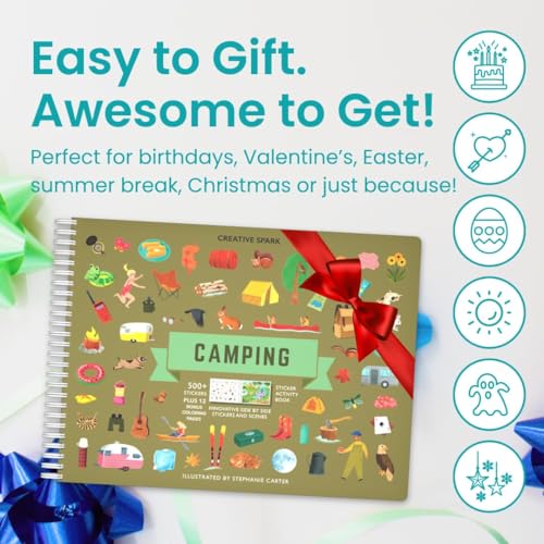 Camping 500+ Kids Sticker Book by Cupkin Fun Toddler Travel Activity Coloring and Sticker Book, Road Trip Essentials, 12 Coloring Pages + 12 Side by Side Scenes for Ages 2–8 Years - color: Camping