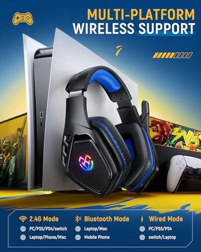 Tatybo Wireless Gaming Headset with Mic, 7.1 Sound 50mm Driver, Black Blue | 3-mode 2.4G/BT 5.3/USB-C; 30H battery; low latency for PS5/PS4/PC/Switch/Laptop/Mobile - color: Black Blue