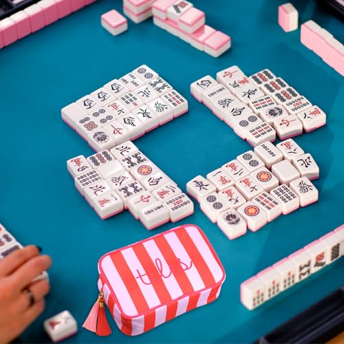 Sanwuta 1 Pcs Mahjong Tile Bag with Zipper,Red, Purple,Striped | Embroidered Mahjong Case for 166 American Mahjong Tiles (1.2") Portable Bags for Board Game Party Gathering Travel - color: Red, Purple, style: Classic